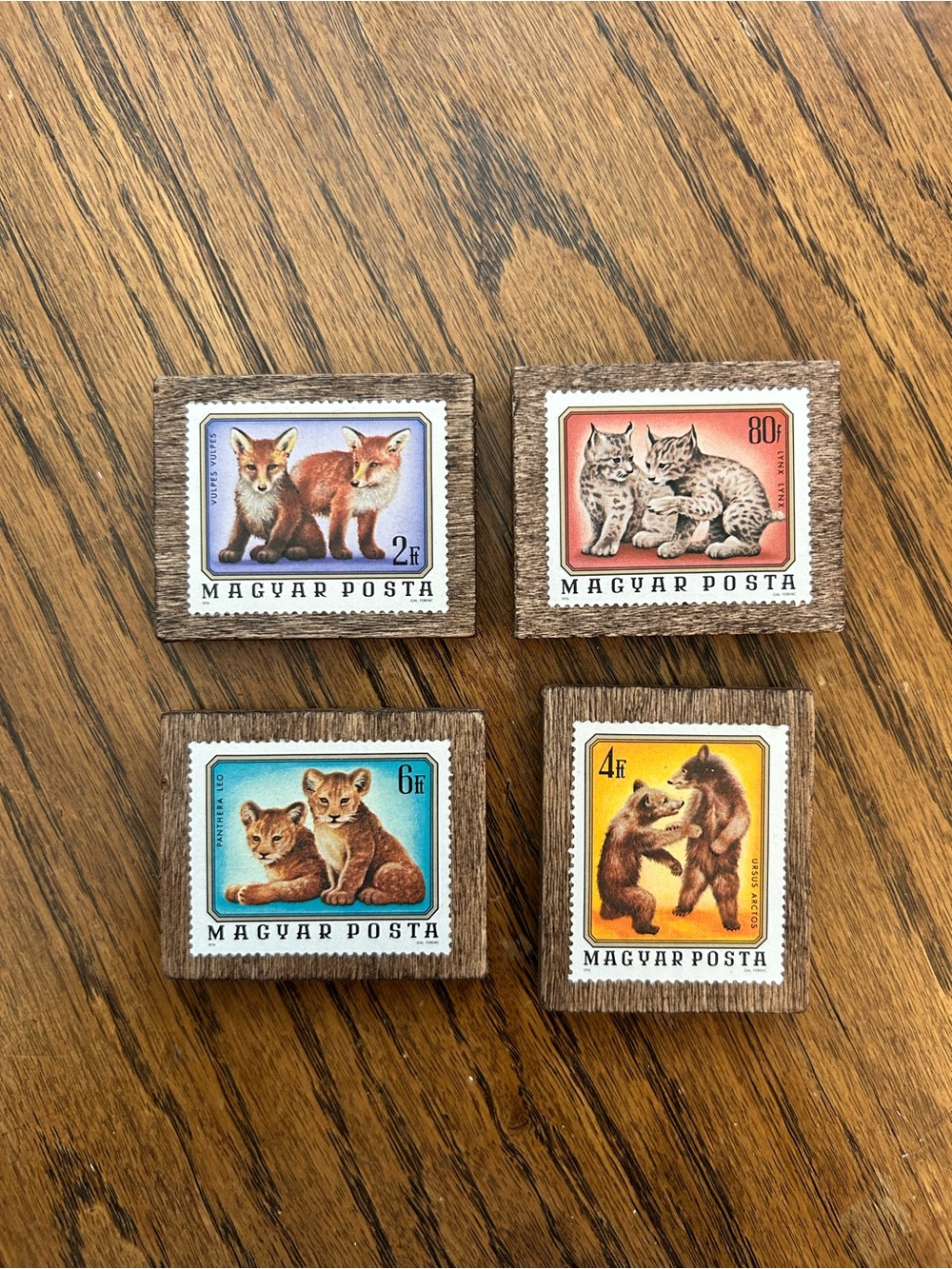 Handmade Vintage Postage Stamp Magnets On Wood • Wild Animal Babies
